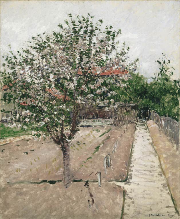 Gustave Caillebotte Blühender Apfelbaum Kunstkopie, weiß blühender Apfelbaum über Gartenweg mit roten Dächern im Hintergrund