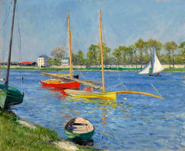 Gustave Caillebotte Bunte Boote Seine bei Argenteuil Kunstkopie, rotes und gelbes Segelboot auf blauem Wasser