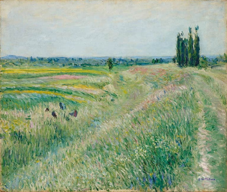 Gustave Caillebotte Die Ebene von Gennevilliers Pappelgruppe Kunstkopie, weite Felder mit Pappelgruppe und Feldarbeiterinnen