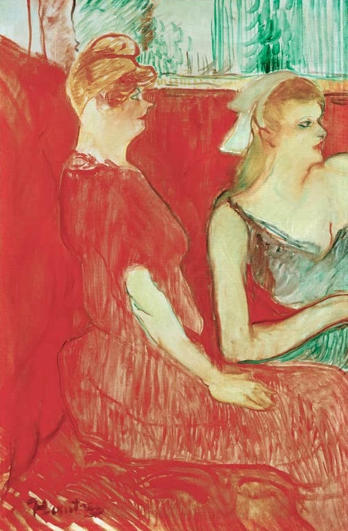 Henri de Toulouse-Lautrec Im Salon der Rue des Moulins Kunstkopie, zwei Frauen im Profil auf rotem Sofa