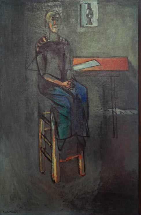 Frau sitzt auf hohem Hocker in dunklem Raum an einem Tisch – Henri Matisse Femme au tabouret (Germaine Raynal) Kunstkopie