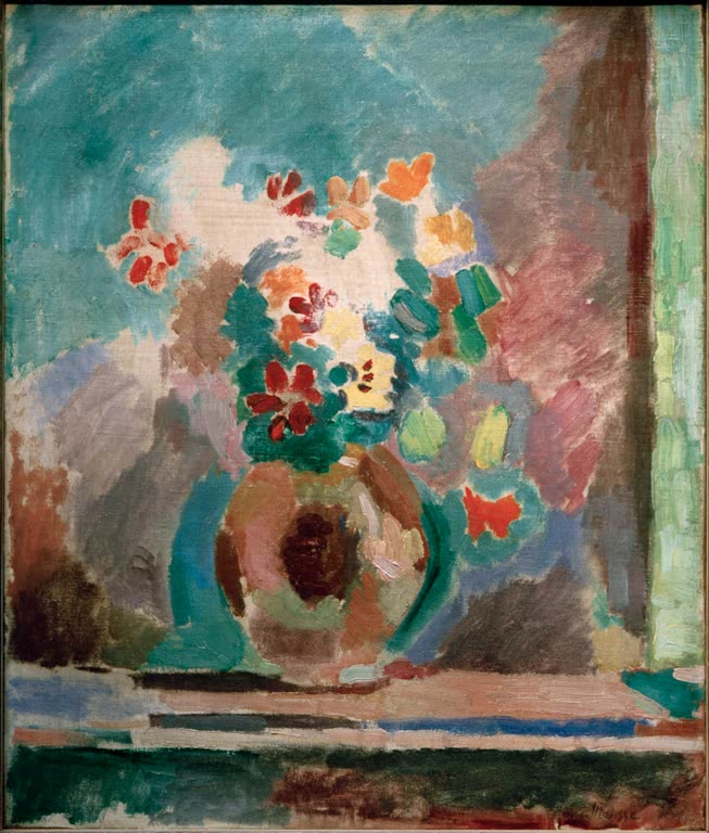 Blumenstrauß in bauchiger Vase vor gemaltem Fenster in Türkis und Rosa – Henri Matisse Fleurs Kunstkopie