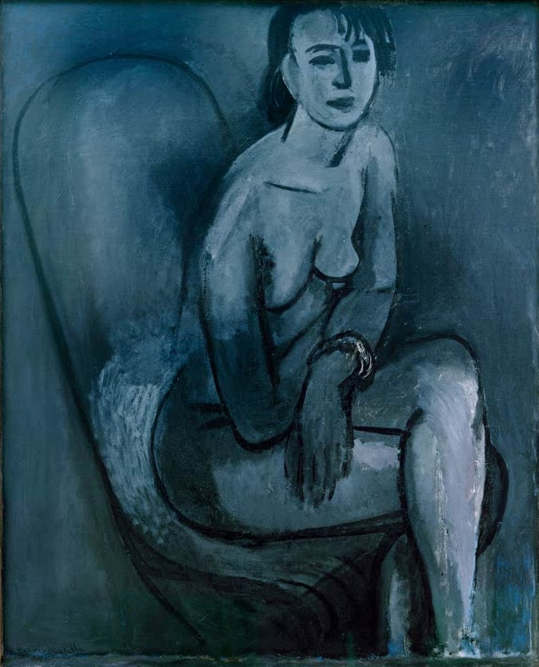 Sitzender grauer Frauenakt mit Armband in hohem Sessel, blaugraue Töne – Henri Matisse Grauer Akt mit Armband Kunstkopie