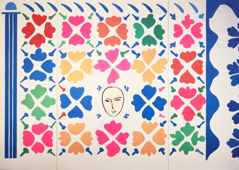 Henri Matisse Große Dekoration mit Masken Kunstkopie, Papierschnitt mit bunten Blütenmotiven und einem Gesicht in der Mitte