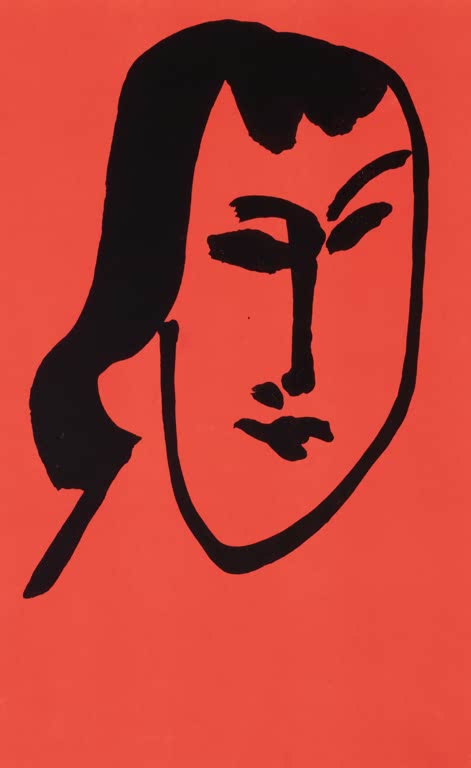 Schwarz gezeichneter Frauenkopf mit langem Haar auf rotem Grund – Henri Matisse Kopf Kunstkopie