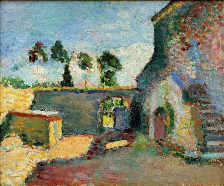Mühlenhof mit Steinmauer, Torbogen und Treppe in kleinen Farbtupfern – Henri Matisse Le moulin, Corsica Kunstkopie