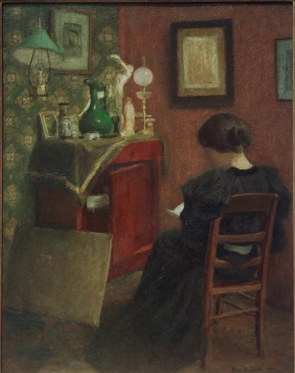 Frau im schwarzen Kleid liest auf einem Stuhl in einem Zimmer mit Schreibtisch – Henri Matisse Lesende Frau Kunstkopie