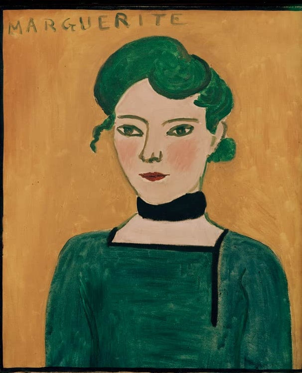 Porträt einer jungen Frau mit grünem Haar und schwarzem Band vor ockerfarbenem Grund – Henri Matisse Marguerite Kunstkopie