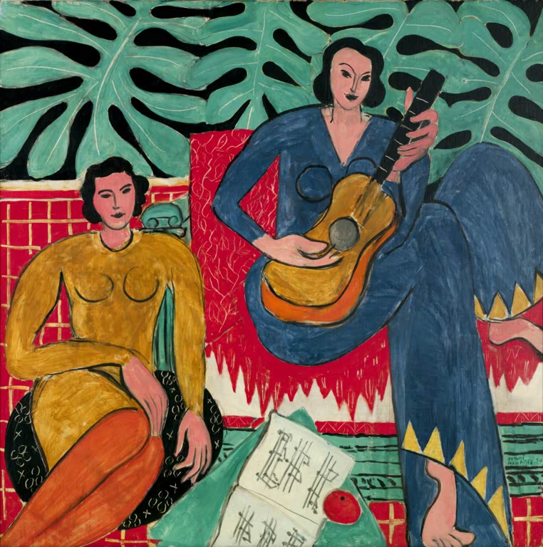 Zwei Frauen vor großen grünen Blättern, eine spielt Gitarre – Henri Matisse Musik Kunstkopie