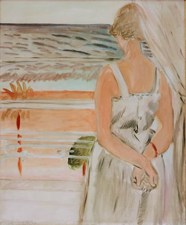 Frau im hellen Trägerkleid mit verschränkten Händen am Fenster, Blick aufs Meer – Henri Matisse Neben dem Fenster Kunstkopie