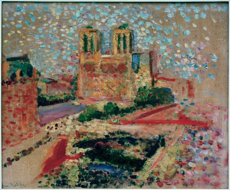 Kathedrale Notre-Dame mit Türmen in Punkten und Tupfen gemalt, davor Flussufer – Henri Matisse Notre-Dame Kunstkopie
