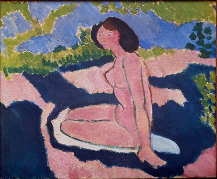 Sitzender rosa Akt mit dunklem Haar vor blauen und dunklen Flächen in der Landschaft – Henri Matisse Nu assis Kunstkopie