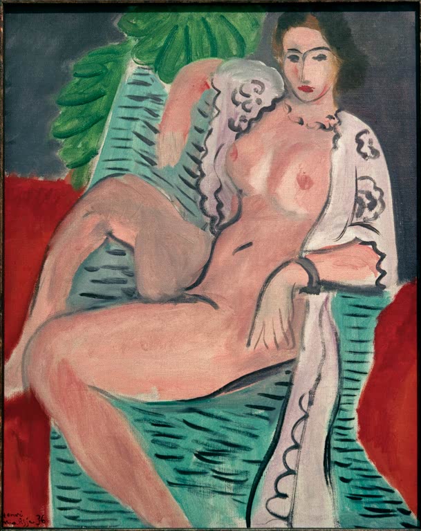 Sitzender Akt mit weißem Überwurf auf grünem Sessel vor rotem Grund – Henri Matisse Nu drapé Kunstkopie