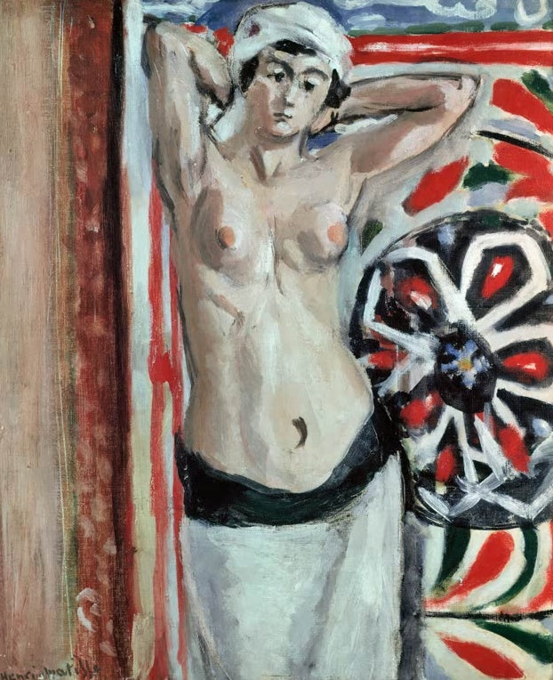 Henri Matisse Odaliske mit erhobenen Armen Kunstkopie, Halbakt mit weißem Turban vor rot-schwarzem Ornamentmuster