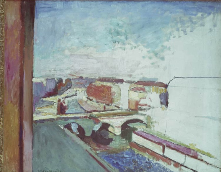Blick aus dem Fenster auf die Seine, Brücke und Pariser Häuser in hellen Farben – Henri Matisse Pont Saint-Michel Kunstkopie