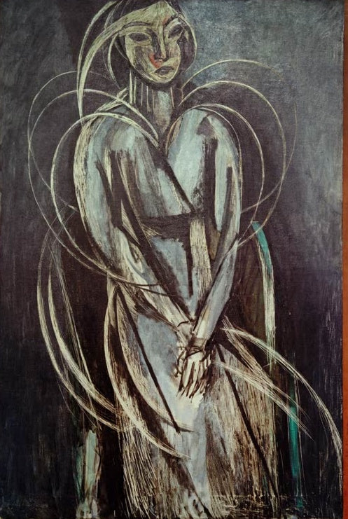 Schlanke Frauengestalt in grauem Kleid vor dunklem Grund – Henri Matisse Portrait de Mademoiselle Yvonne Landsberg Kunstkopie