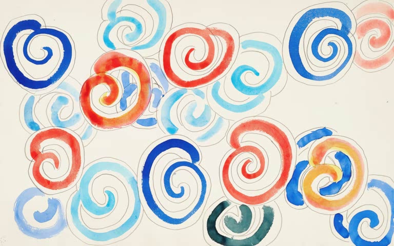 Blaue und rote Spiralen in Aquarell auf hellem Papier mit Bleistiftlinien – Henri Matisse Schnecken Kunstkopie