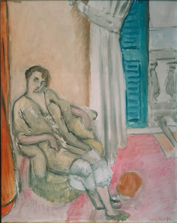 Frau im Sessel vor offenem Fenster mit türkisem Laden – Henri Matisse Sitzende Frau am offenen Fenster Kunstkopie