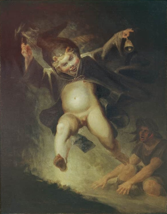 Johann Heinrich Füssli Bruder Puck das Irrlicht Kunstkopie, nackter Knabe in Kutte mit Glocke über kniender Gestalt
