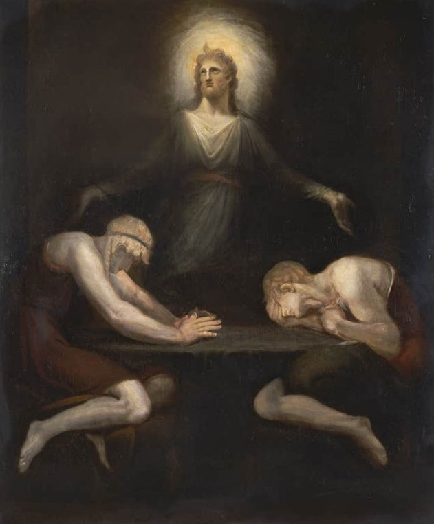 Johann Heinrich Füssli Christus verschwindet in Emmaus Kunstkopie, Christus mit Strahlenkranz über zwei Jüngern