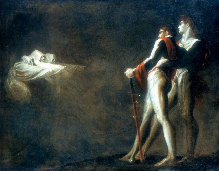 Johann Heinrich Füssli Die drei Hexen erscheinen Macbeth und Banquo Kunstkopie, weiß verhüllte Hexen und zwei Krieger