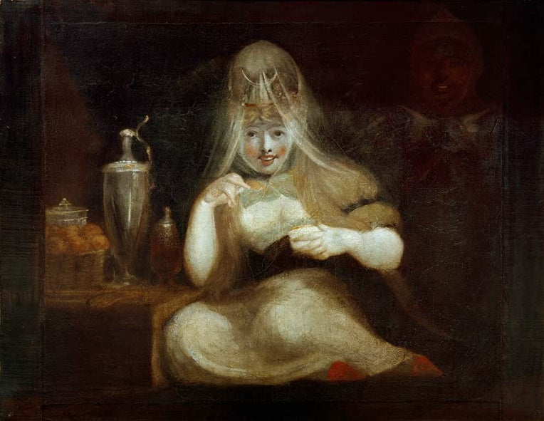 Johann Heinrich Füssli Königin Mab Kunstkopie, lächelnde junge Frau in hellem Kleid mit Diadem, Kanne und Orangen