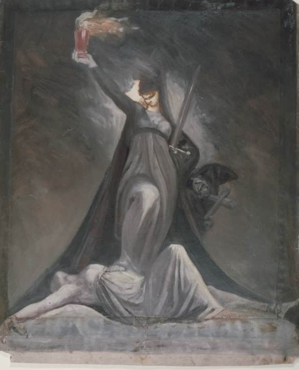 Johann Heinrich Füssli Studie zur Inquisition Kunstkopie, dunkel verhüllte Gestalt mit Kelch und Schwert über einem Körper