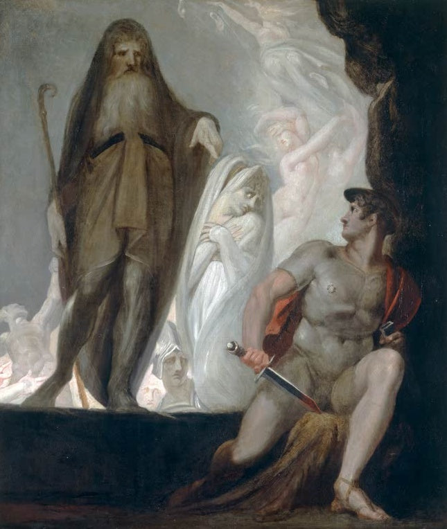 Johann Heinrich Füssli Teiresias prophezeit Odysseus die Zukunft Kunstkopie, bärtiger Seher und Held mit Dolch