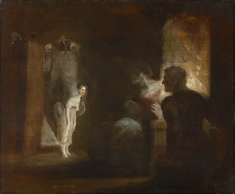 Johann Heinrich Füssli Undine kommt zum Fischerpaar Kunstkopie, junge Frau im hellen Kleid in einem dunklen Innenraum