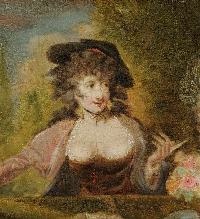 Johann Heinrich Füssli Ursula Kunstkopie, junge Frau mit dunklem Hut und Blumenstrauß vor grünem Hintergrund