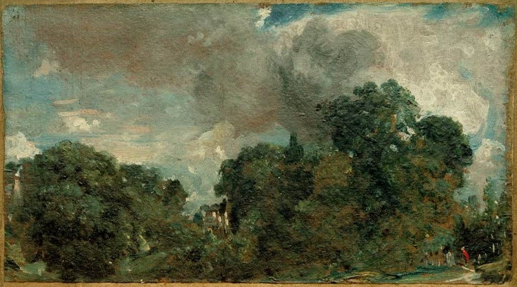 Dunkle, dichte Baumgruppen am Waldrand unter bewegtem Himmel – John Constable Am Waldrand Kunstkopie
