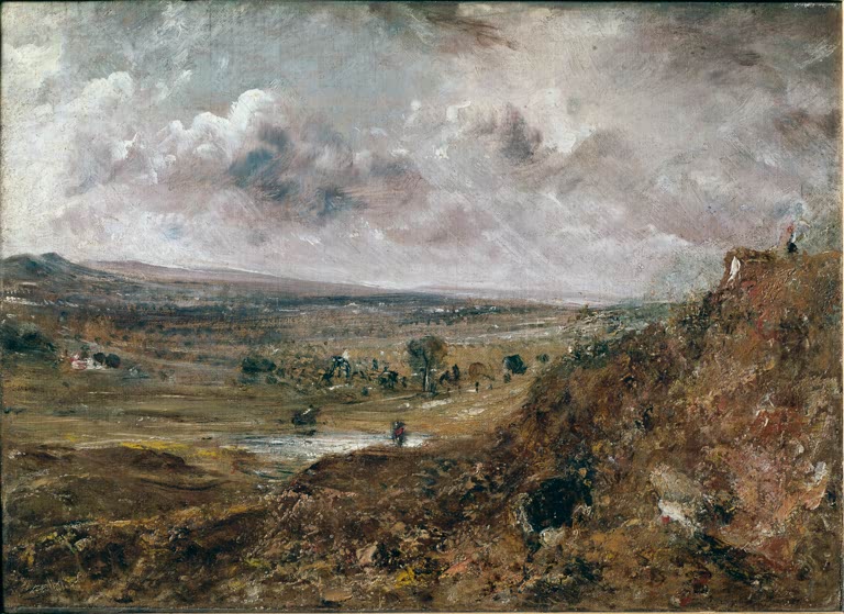 Heidehang und weites Tal unter dramatisch bewölktem Himmel – John Constable Ansicht von Hampstead Heath Kunstkopie