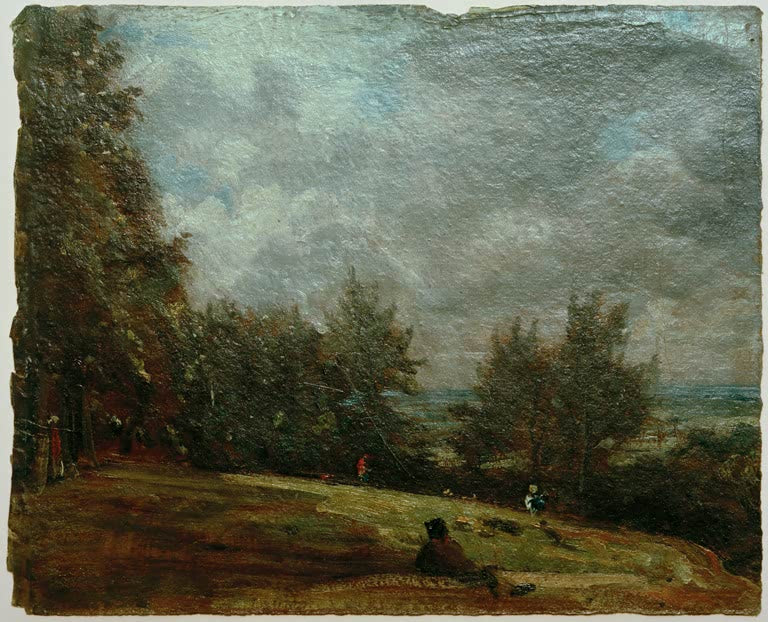 Baumgruppe auf grüner Anhöhe, davor kleine Figuren – John Constable Bäume und Menschen in Hampstead Kunstkopie