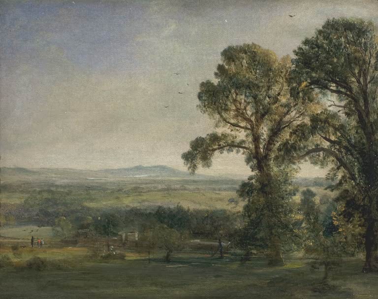 Weite Landschaft mit hohen Bäumen und einem Herrenhaus in der Ferne – John Constable Bardon Hill, Coleorton Hall Kunstkopie