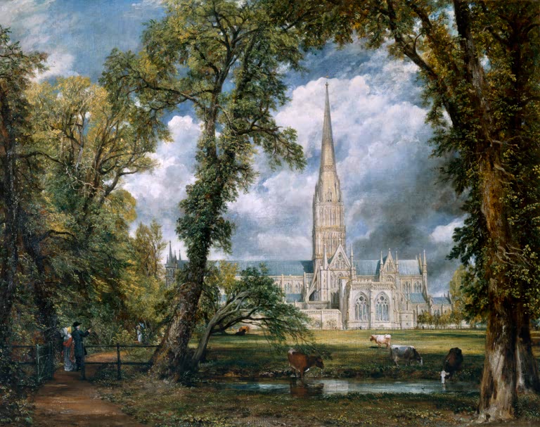 Bäume rahmen Kathedrale, davor Wiese mit Kühen – John Constable Kathedrale von Salisbury Kunstkopie