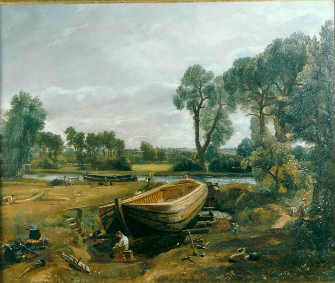 Ein Boot auf der Werft am Fluss, Zimmerleute arbeiten, dahinter hohe Bäume – John Constable Bootsbau an der Stour Kunstkopie