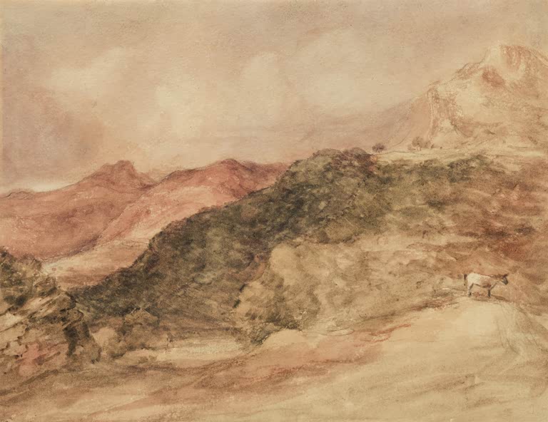 Aquarellierte rote Berge mit Ziege am Hang – John Constable Bow Fell und Langdale Pikes Kunstkopie