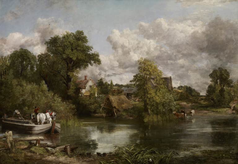 Pferd auf einem Boot am Ufer, dahinter Haus und Bäume am Fluss – John Constable Das weiße Pferd Kunstkopie