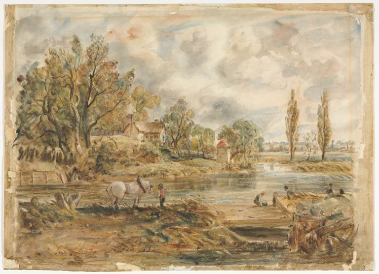 Aquarell einer Flusslandschaft mit Pferd, Bäumen, Pappeln und Arbeitern – John Constable Das weiße Pferd Kunstkopie