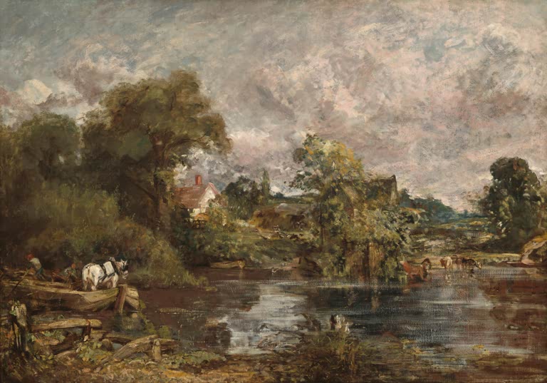 Pferdegespann auf einem Kahn am Fluss mit Haus und Bäumen im Hintergrund – John Constable Das weiße Pferd Kunstkopie