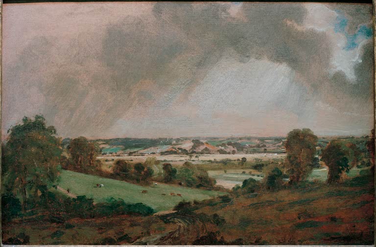 Weite grüne Flusslandschaft mit fernen Hügeln unter dunklen Wolken – John Constable Dedham Vale Kunstkopie