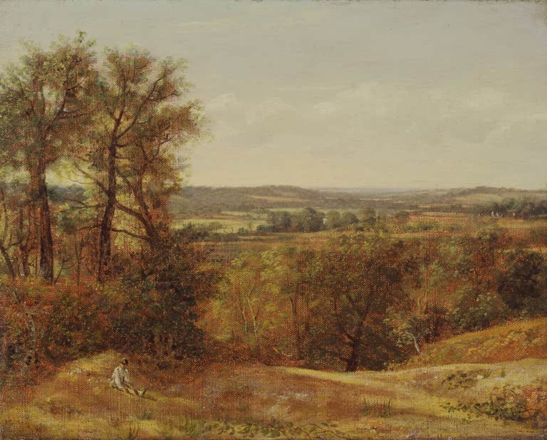 Herbstliche Hügellandschaft mit Bäumen und einer ruhenden Gestalt – John Constable Dedham Vale Kunstkopie