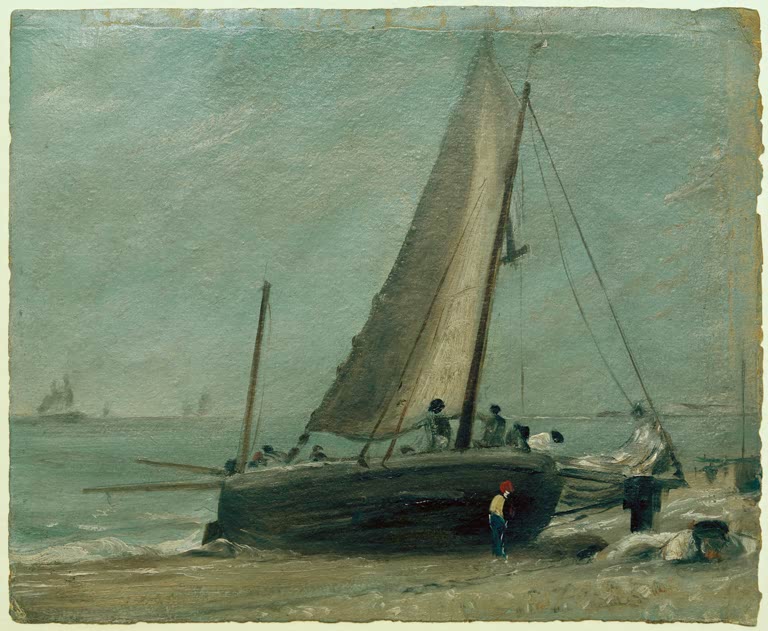 Fischerboot mit Segel am Strand, Fischer stehen daneben – John Constable Der Strand von Brighton Kunstkopie