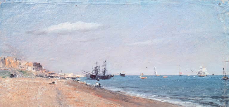 Strand mit Segelschiffen unter hellblauem Himmel – John Constable Der Strand von Brighton mit Kohlenschiffen Kunstkopie