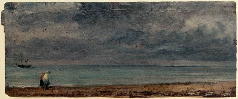 Graue Küste mit Meer, Segelboot und zwei Spaziergängern am Strand – John Constable Der Strand von Brighton Kunstkopie