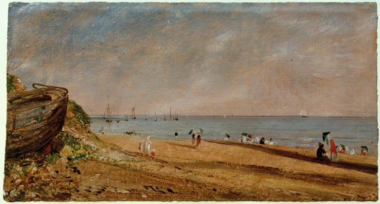Gestrandetes Boot links, Badegäste am Strand unter weitem Himmel – John Constable Der Strand von Brighton Kunstkopie