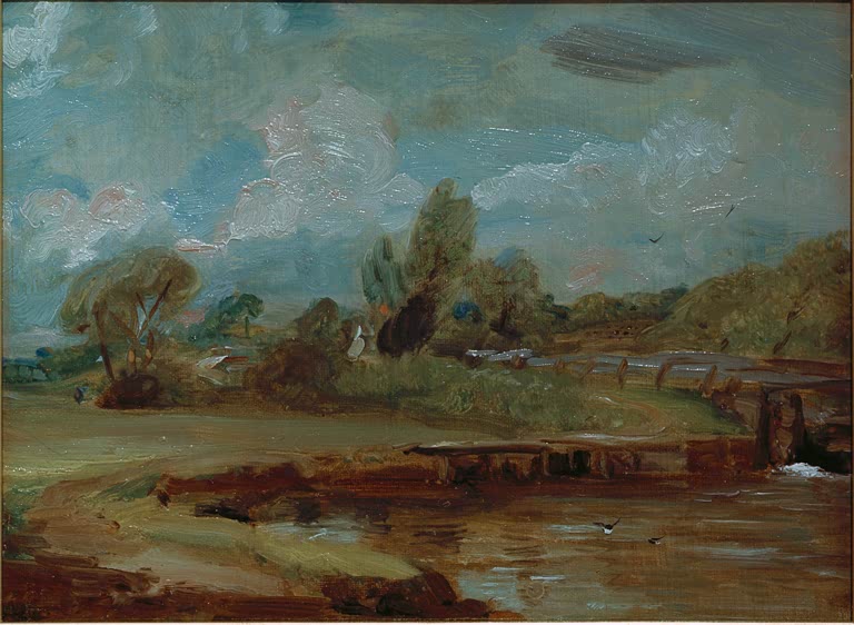 Fluss mit Schleuse, Wiese und blauem Wolkenhimmel – John Constable Die Schleuse von Flatford Kunstkopie