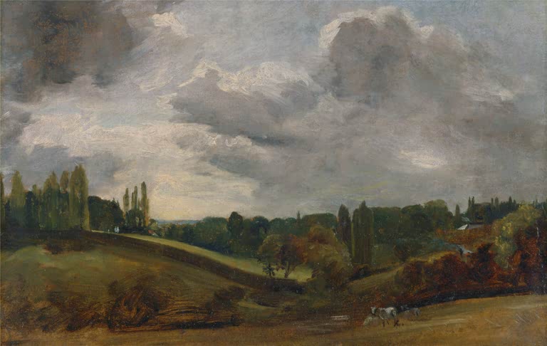 Grüne Hügel mit Pappeln, Kühen und Bäumen unter Wolkenhimmel – John Constable East Bergholt Kunstkopie