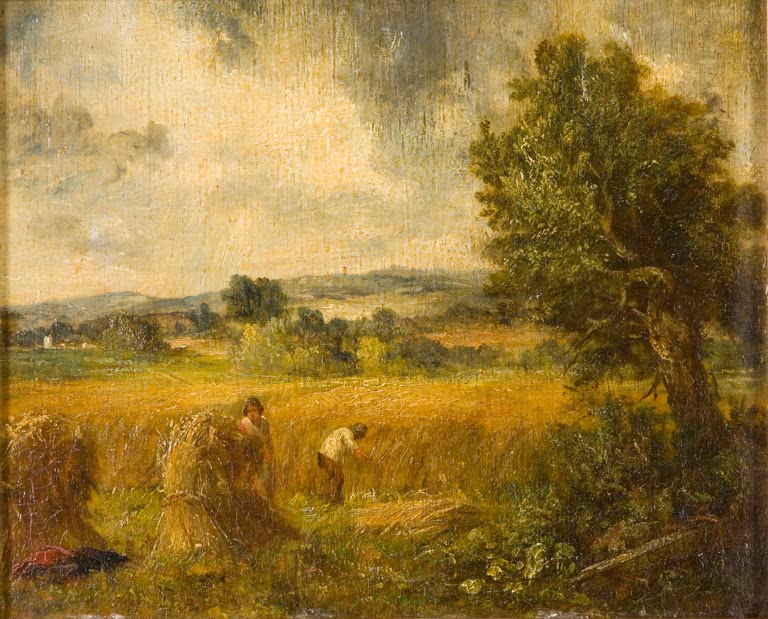 Erntende Feldarbeiter zwischen Garben im goldenen Kornfeld unter Wolken – John Constable Ein Kornfeld Kunstkopie