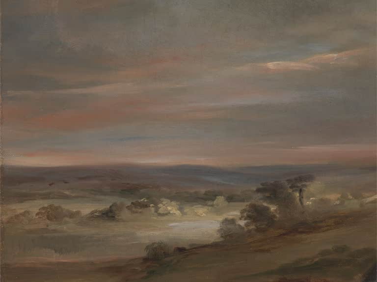 Weite Heide im Morgendunst mit Bäumen und rosa Himmelsstreifen – John Constable Hampstead Heath am frühen Morgen Kunstkopie